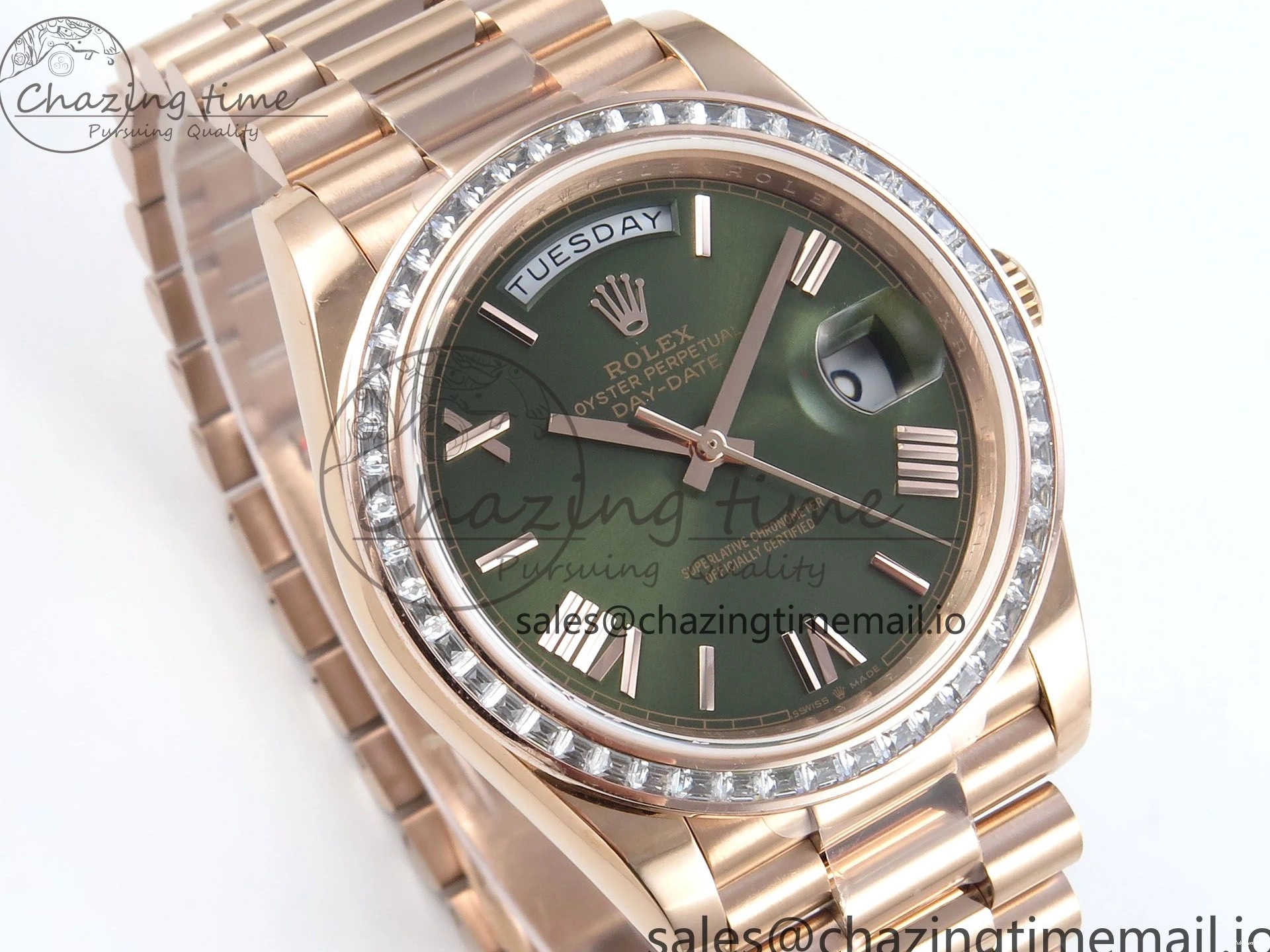 Roman on Weight) DayDate Best Green Dial President V5 A2836 1:1 Bracelet Edition 40 Bezel RG QF Diamonds (Gain 0111